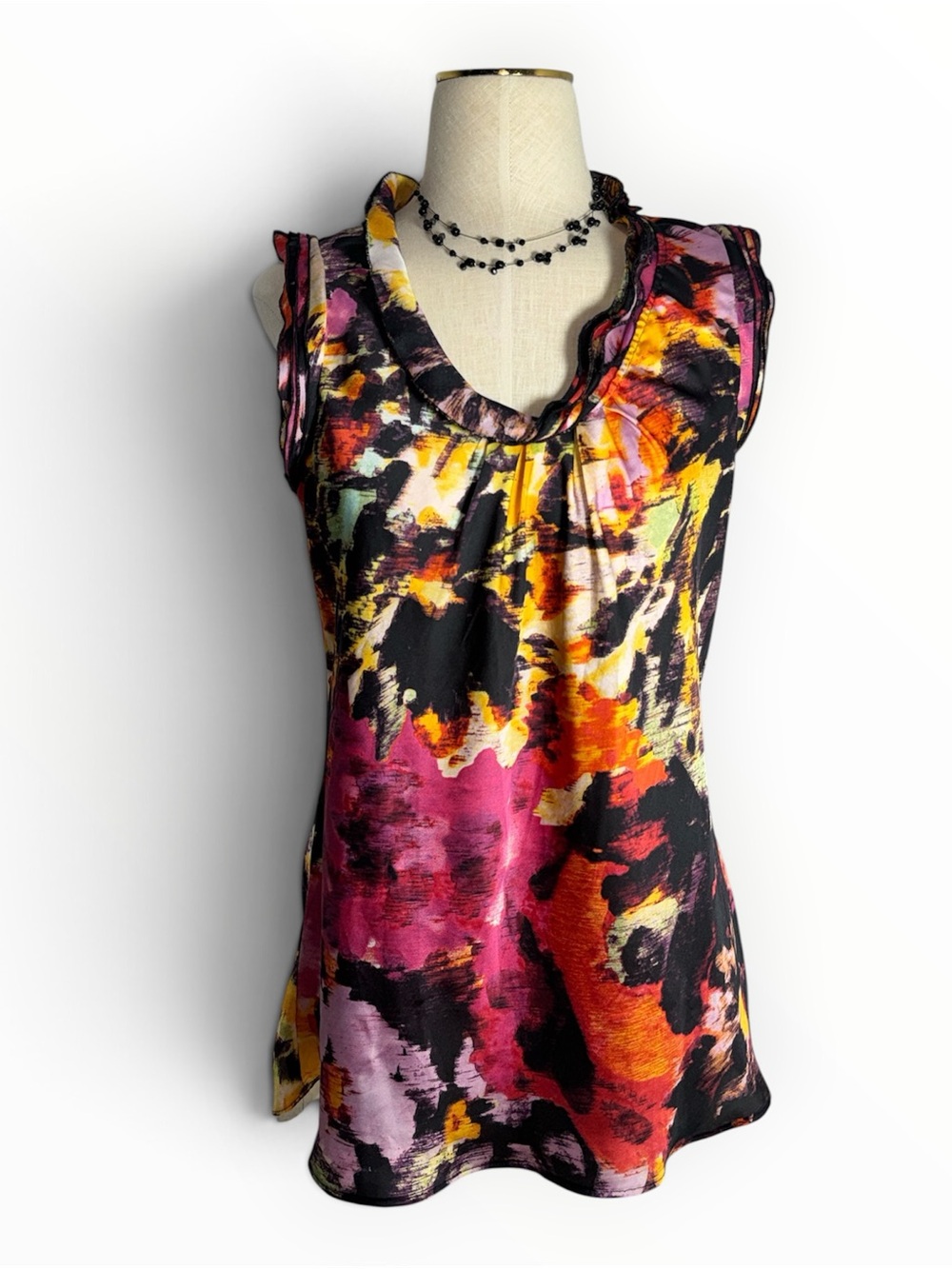 Vintage Cache Style Cowl Neck Silk Blend Floral Abstract Tank Top Women’s M Y2K